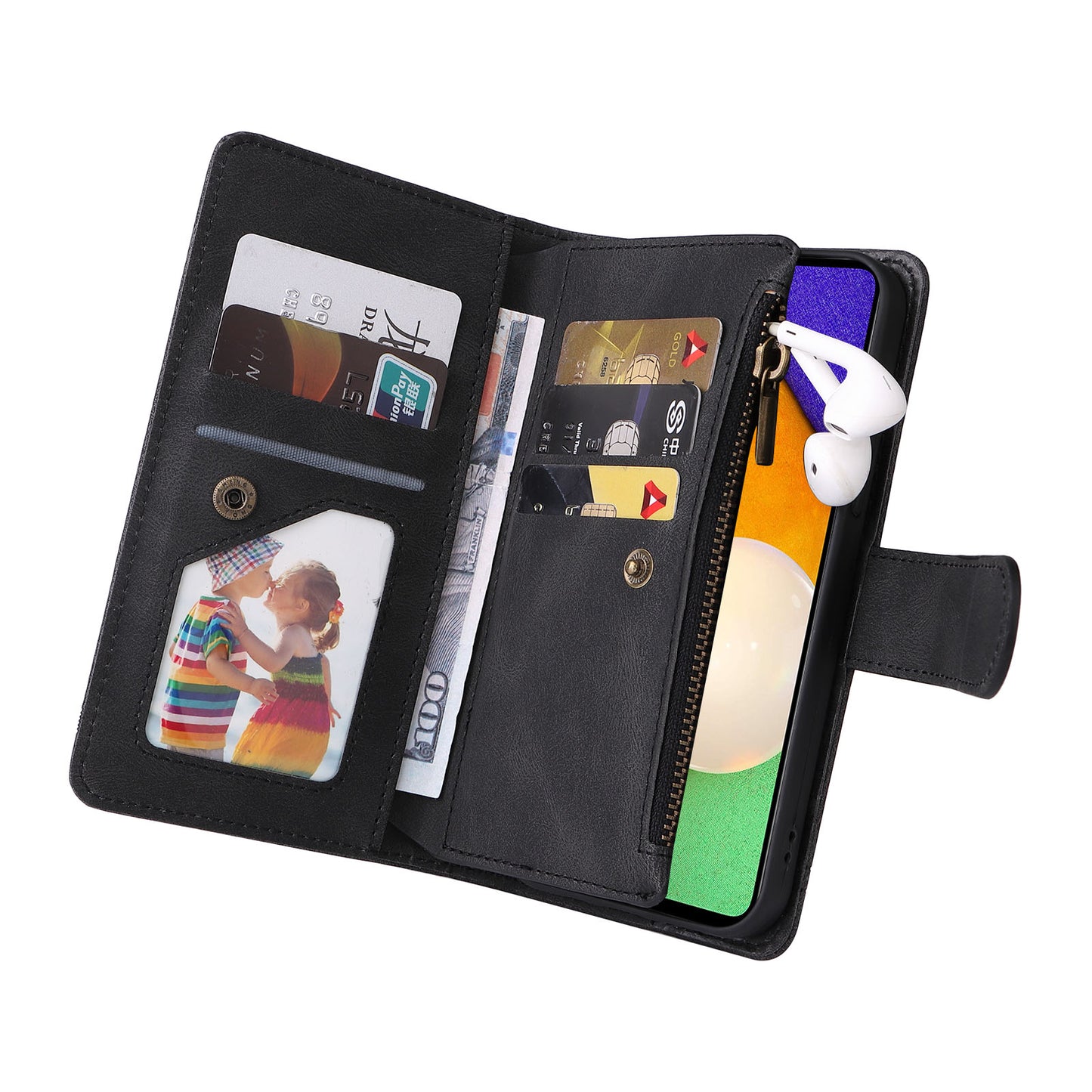 Scratch-proof Stripes Imprinted Skin-touch Wallet Stand Leather Cover Card Slots Phone Case with Zipper Pocket for Samsung Galaxy A52 4G/5G/A52s 5G