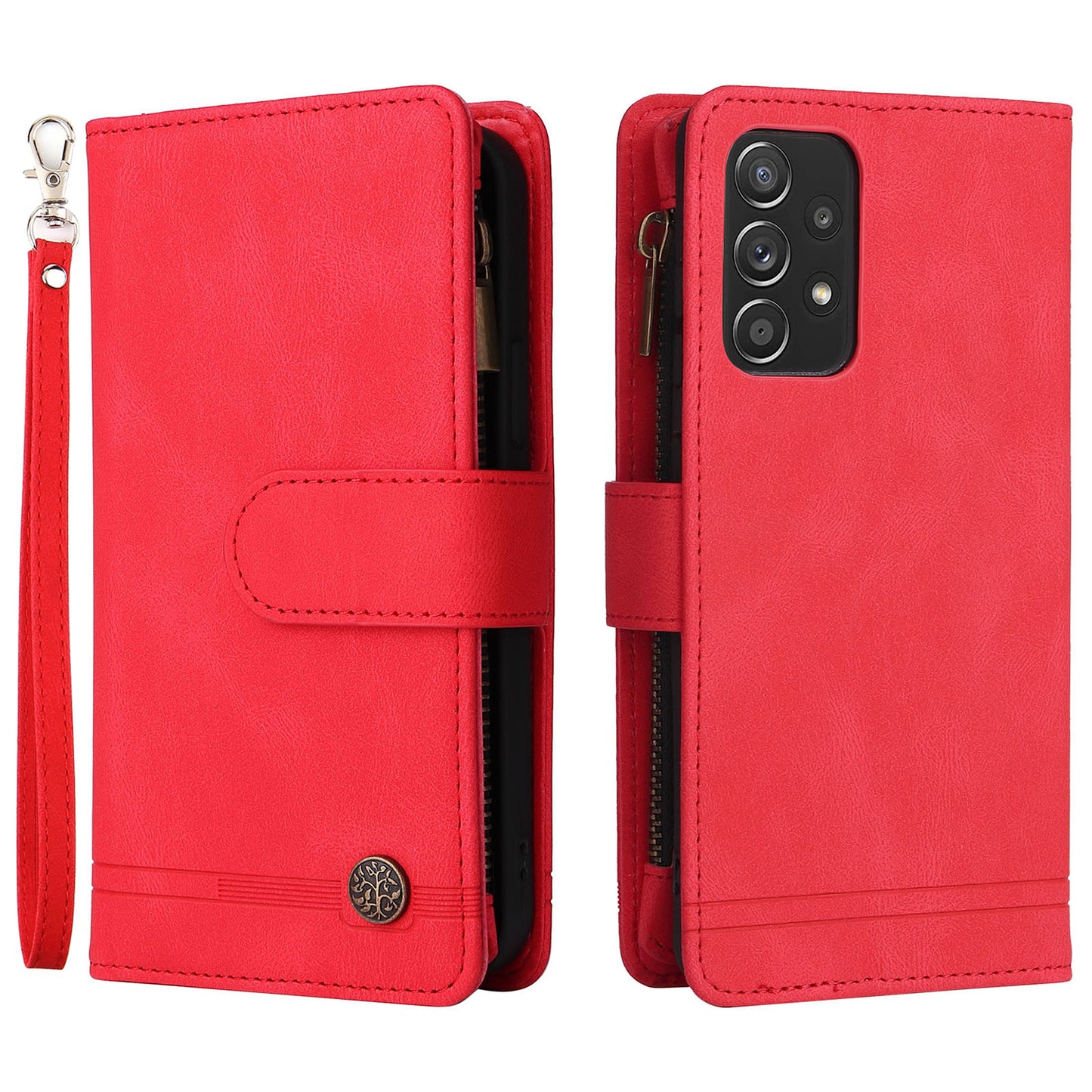 Scratch-proof Stripes Imprinted Skin-touch Wallet Stand Leather Cover Card Slots Phone Case with Zipper Pocket for Samsung Galaxy A52 4G/5G/A52s 5G
