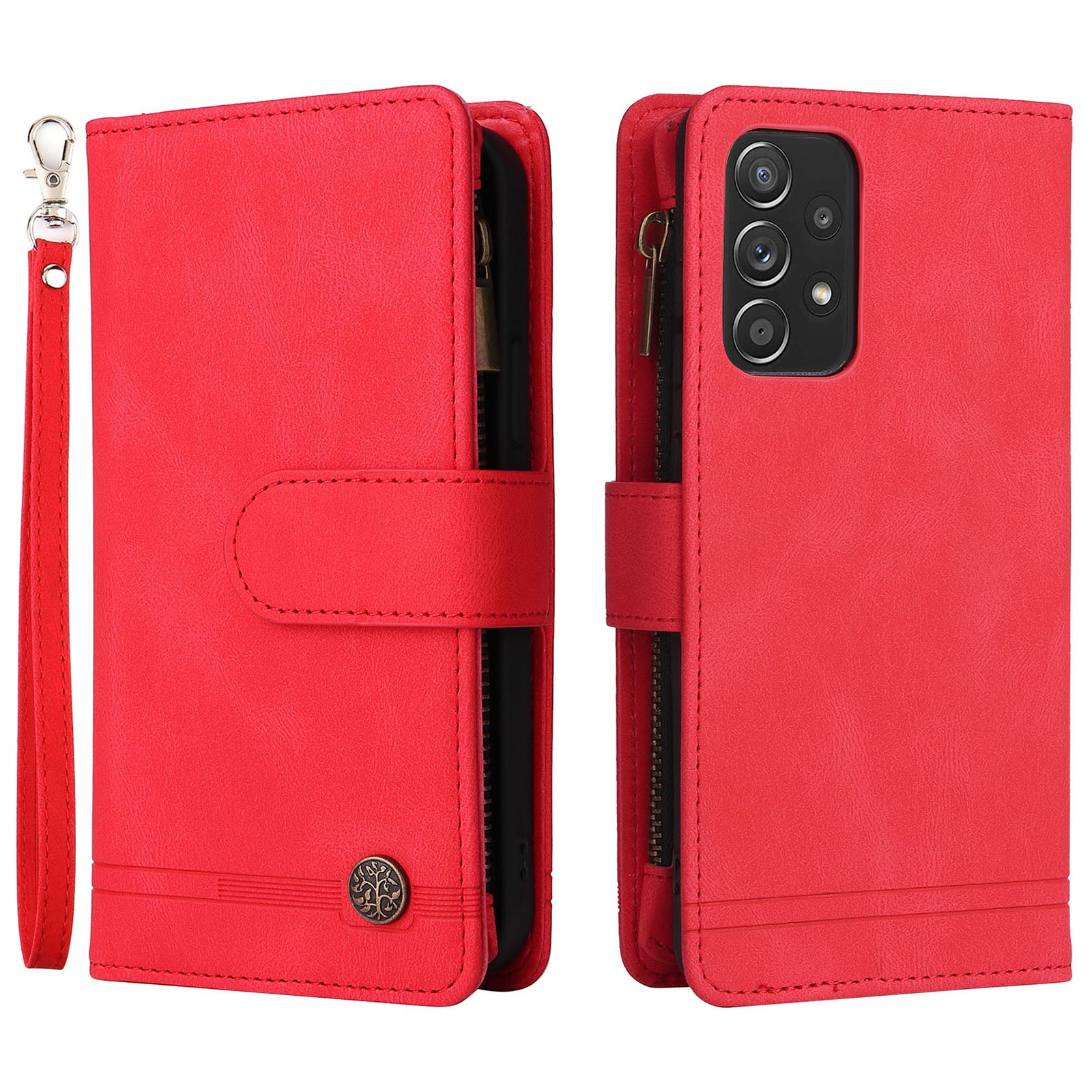 Scratch-proof Stripes Imprinted Skin-touch Wallet Stand Leather Cover Card Slots Phone Case with Zipper Pocket for Samsung Galaxy A52 4G/5G/A52s 5G