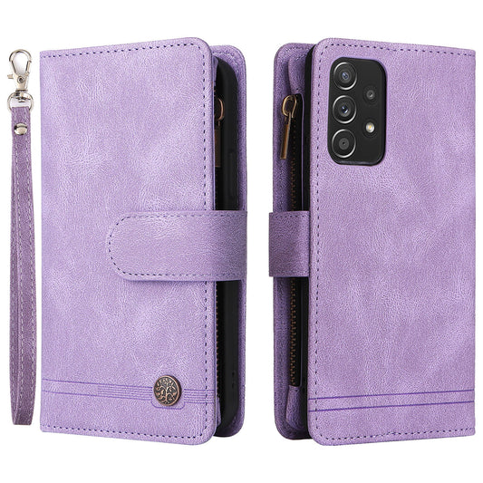Scratch-proof Stripes Imprinted Skin-touch Wallet Stand Leather Cover Card Slots Phone Case with Zipper Pocket for Samsung Galaxy A52 4G/5G/A52s 5G
