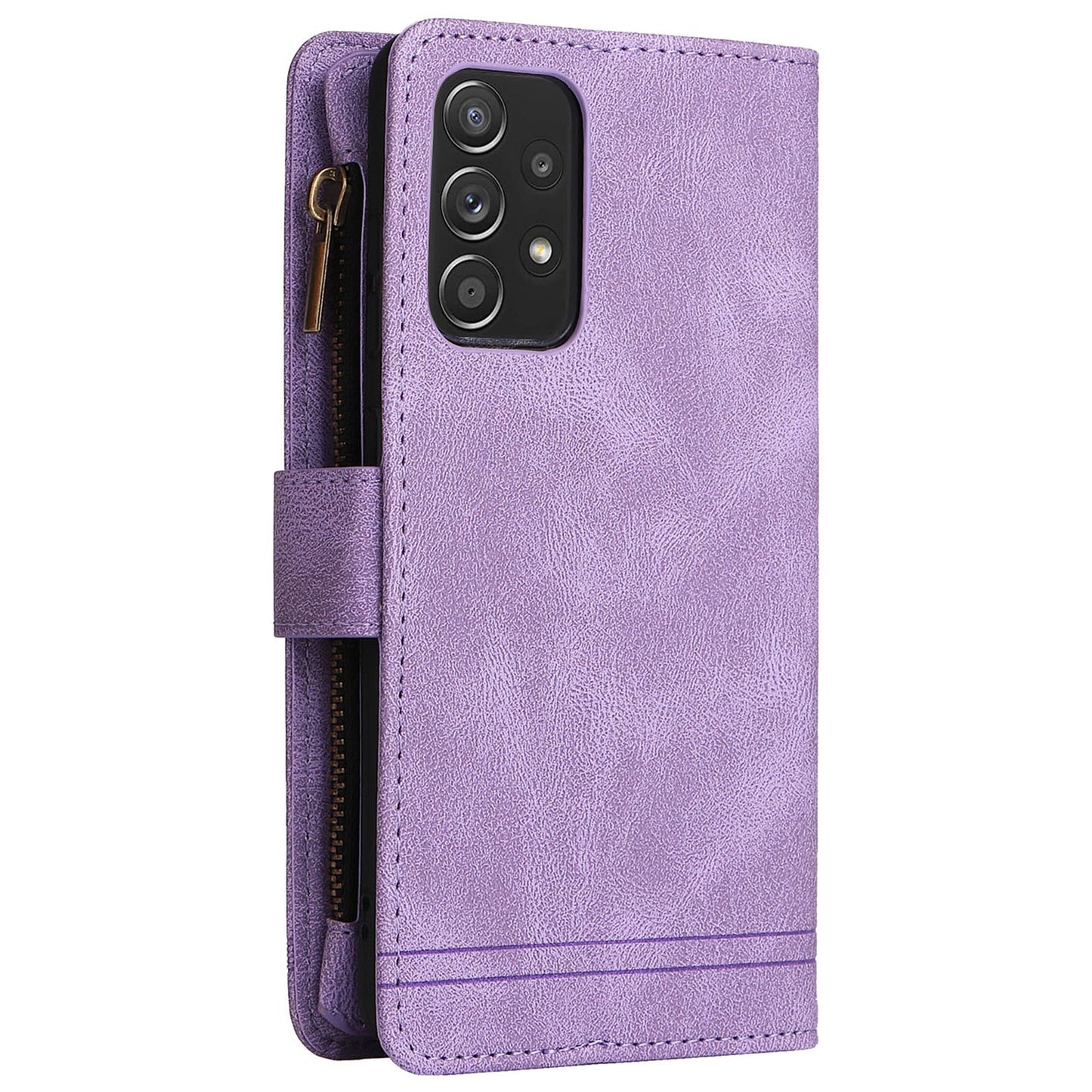 Scratch-proof Stripes Imprinted Skin-touch Wallet Stand Leather Cover Card Slots Phone Case with Zipper Pocket for Samsung Galaxy A52 4G/5G/A52s 5G