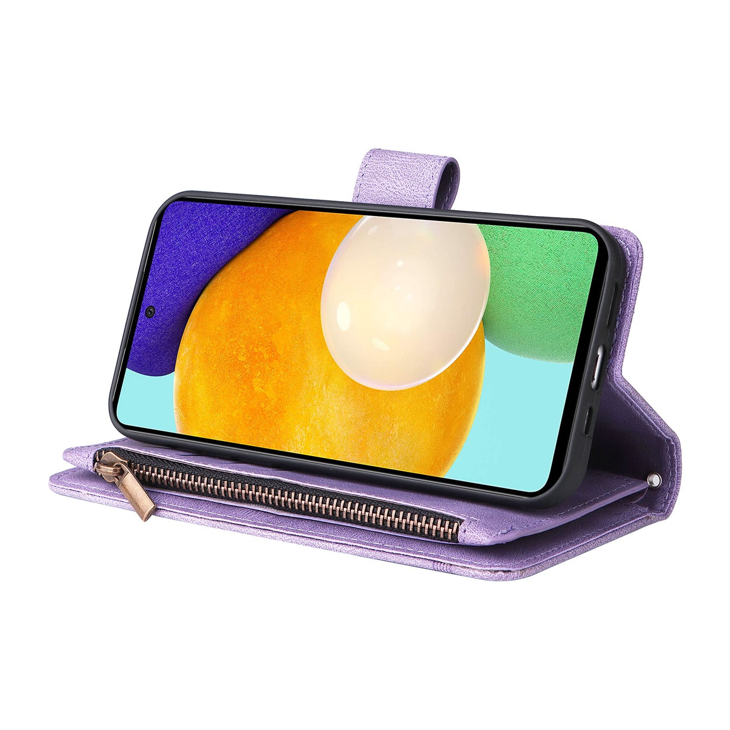 Scratch-proof Stripes Imprinted Skin-touch Wallet Stand Leather Cover Card Slots Phone Case with Zipper Pocket for Samsung Galaxy A52 4G/5G/A52s 5G