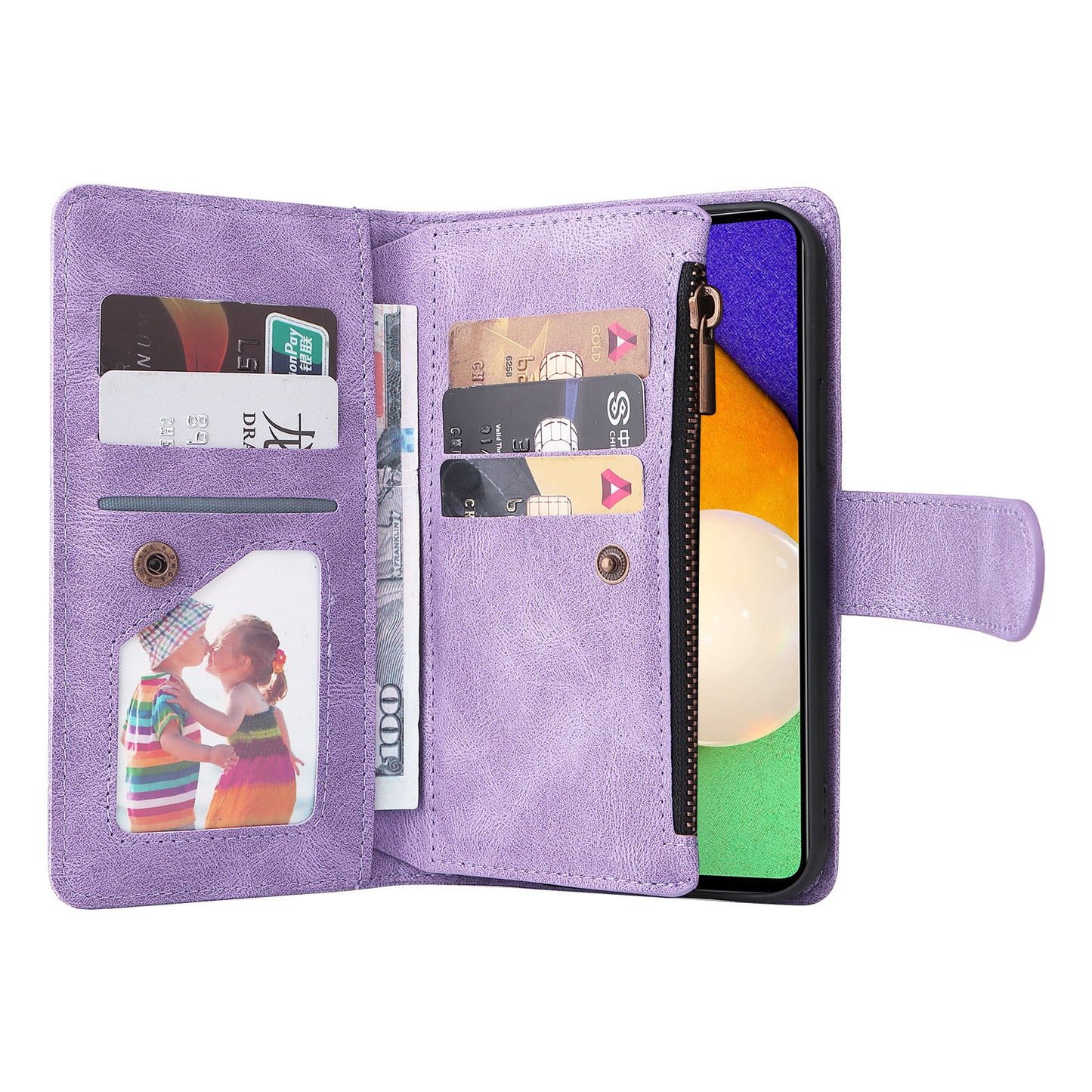 Scratch-proof Stripes Imprinted Skin-touch Wallet Stand Leather Cover Card Slots Phone Case with Zipper Pocket for Samsung Galaxy A52 4G/5G/A52s 5G