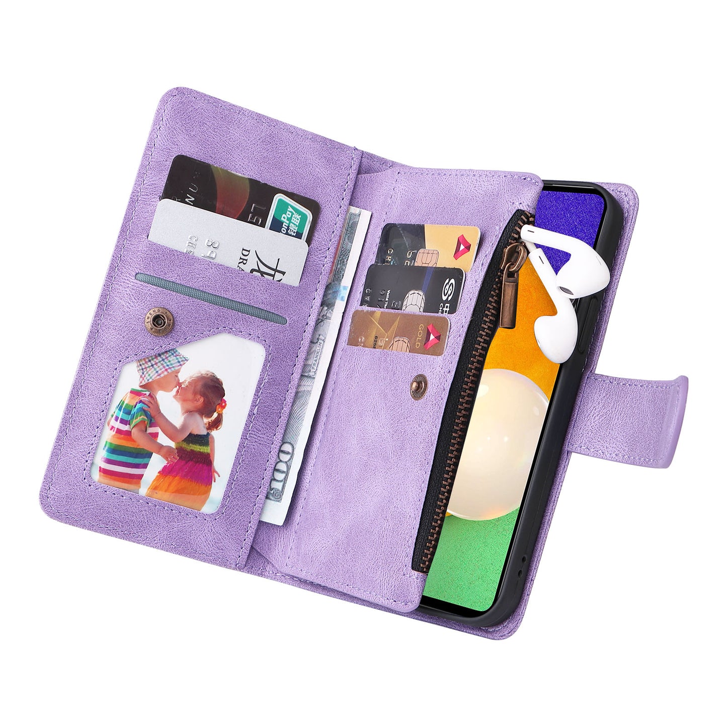 Scratch-proof Stripes Imprinted Skin-touch Wallet Stand Leather Cover Card Slots Phone Case with Zipper Pocket for Samsung Galaxy A52 4G/5G/A52s 5G