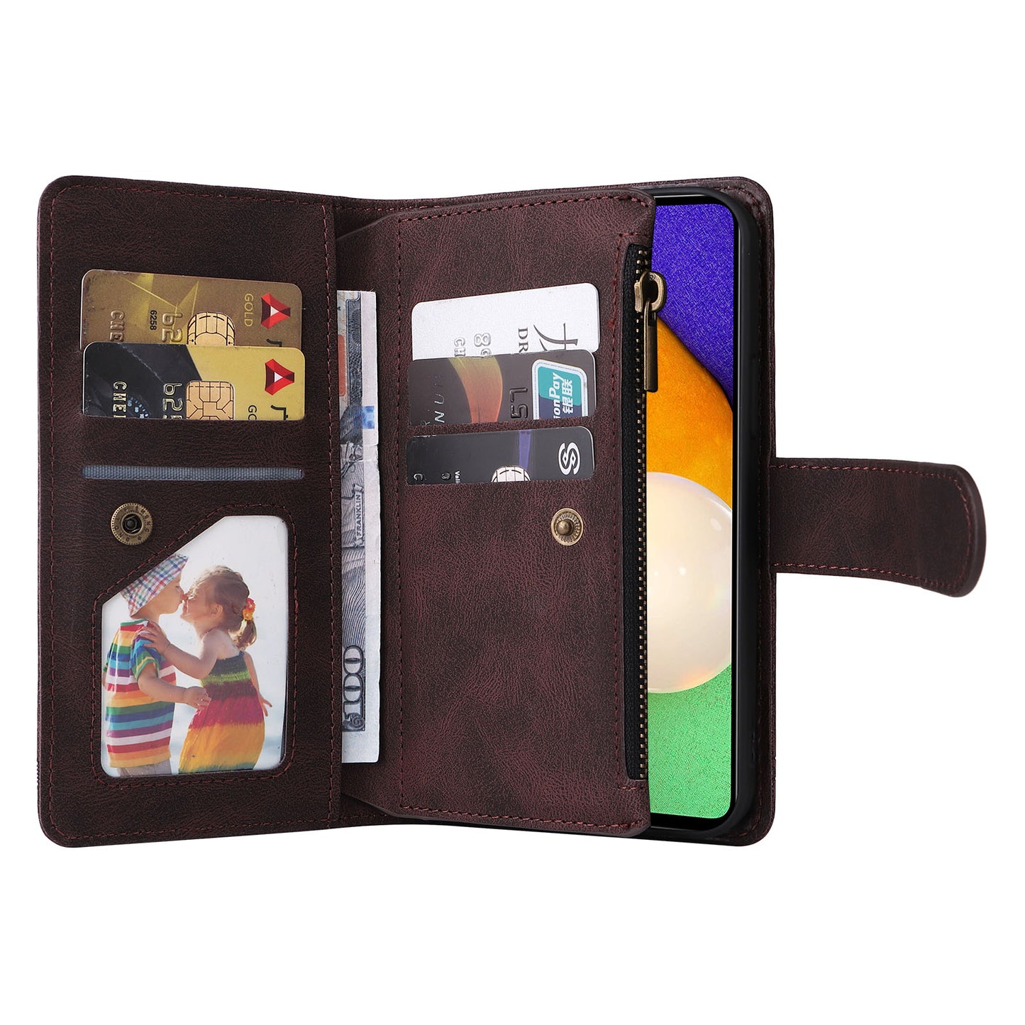 Scratch-proof Stripes Imprinted Skin-touch Wallet Stand Leather Cover Card Slots Phone Case with Zipper Pocket for Samsung Galaxy A52 4G/5G/A52s 5G