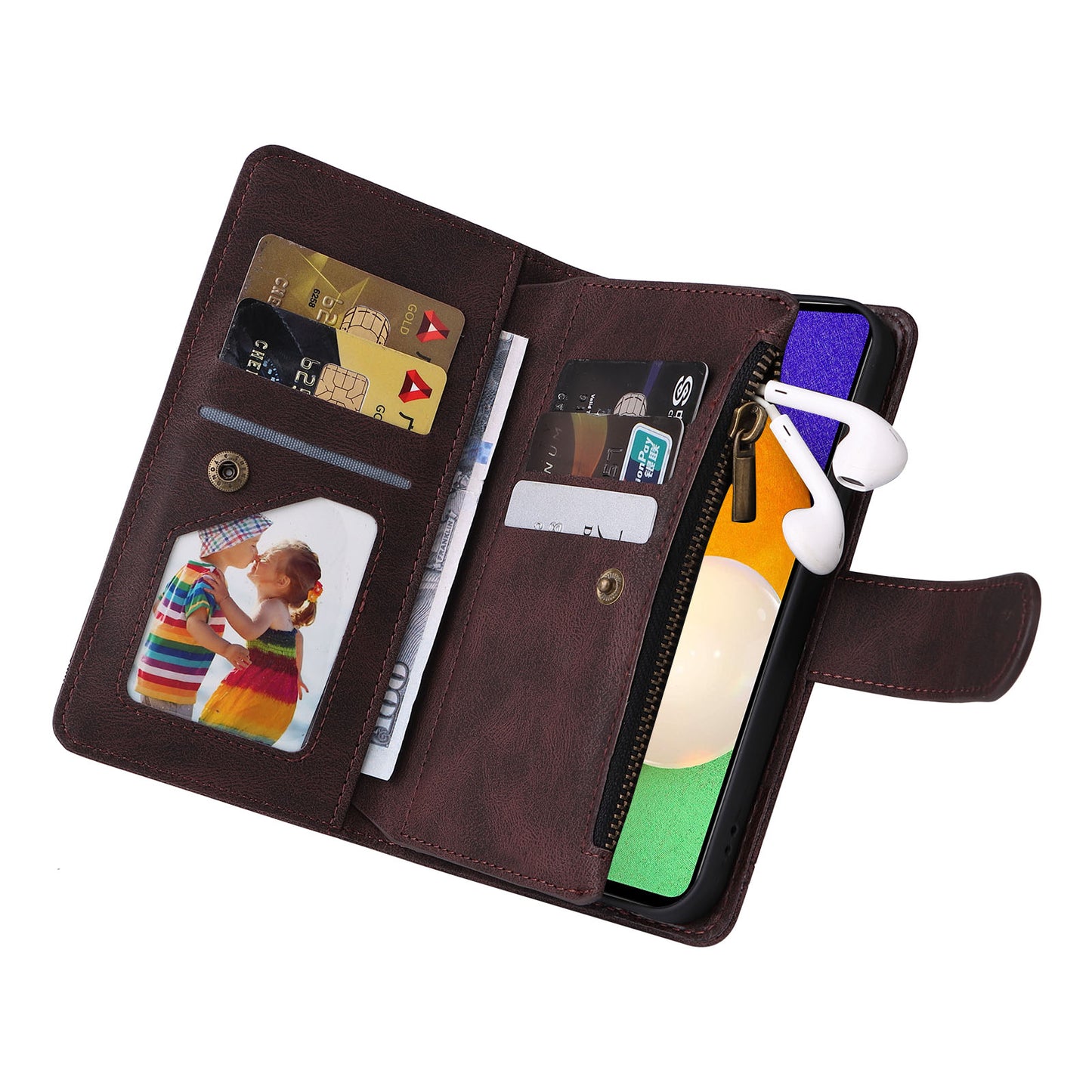 Scratch-proof Stripes Imprinted Skin-touch Wallet Stand Leather Cover Card Slots Phone Case with Zipper Pocket for Samsung Galaxy A52 4G/5G/A52s 5G