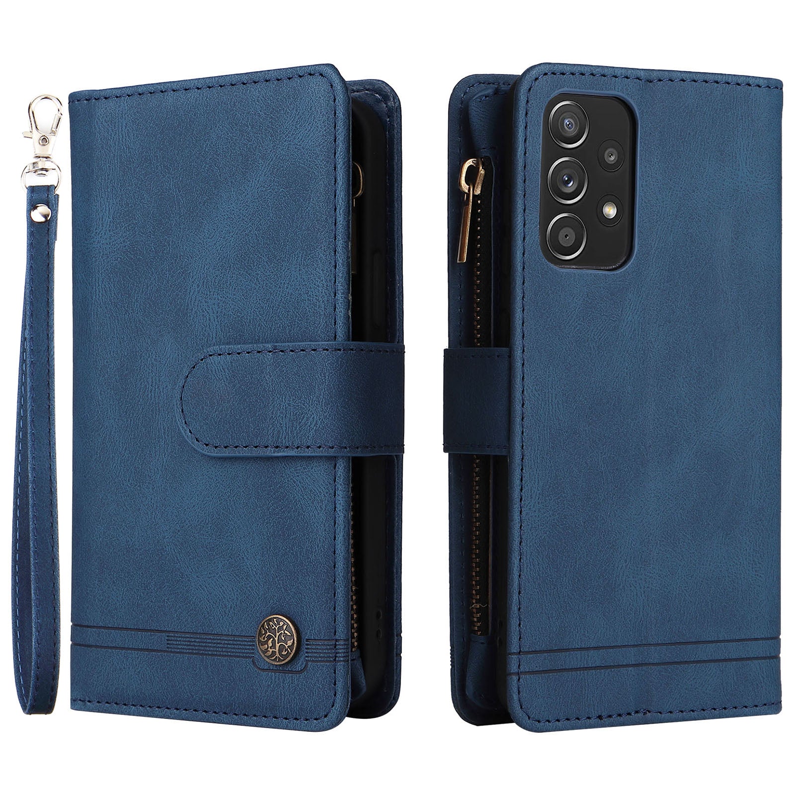Scratch-proof Stripes Imprinted Skin-touch Wallet Stand Leather Cover Card Slots Phone Case with Zipper Pocket for Samsung Galaxy A52 4G/5G/A52s 5G