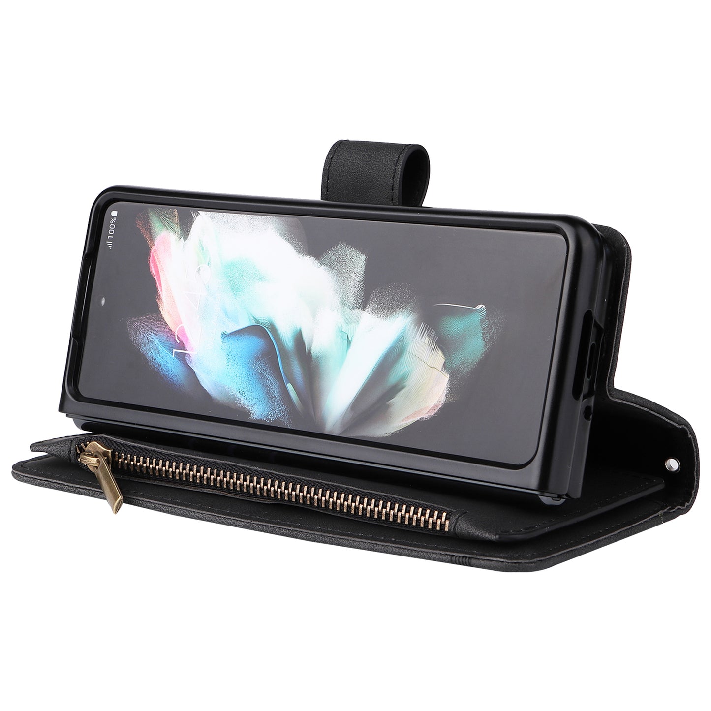 Imprinting Stripes Skin-touch PU Leather Cover Zipper Pocket Multiple Card Slots Phone Case with Stand for Samsung Galaxy Z Fold3 5G
