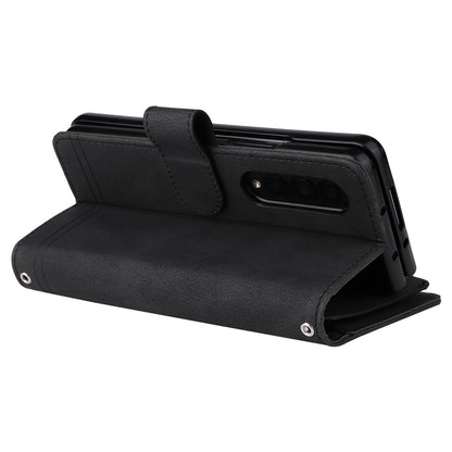 Imprinting Stripes Skin-touch PU Leather Cover Zipper Pocket Multiple Card Slots Phone Case with Stand for Samsung Galaxy Z Fold3 5G