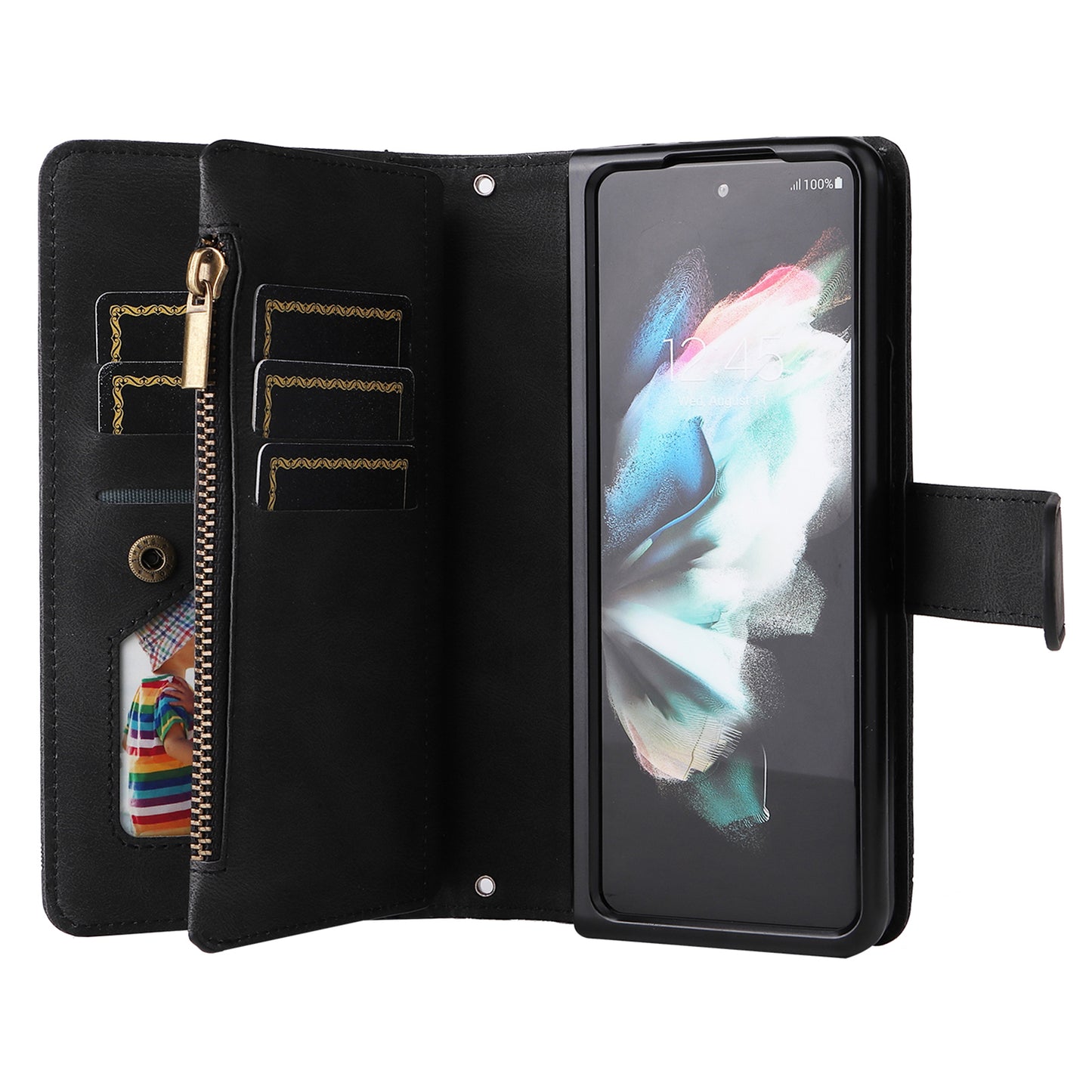 Imprinting Stripes Skin-touch PU Leather Cover Zipper Pocket Multiple Card Slots Phone Case with Stand for Samsung Galaxy Z Fold3 5G