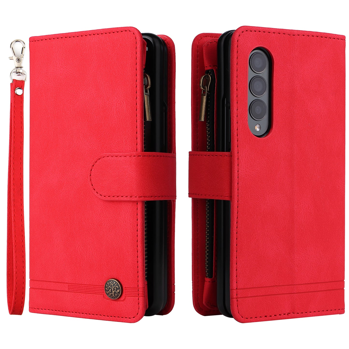 Imprinting Stripes Skin-touch PU Leather Cover Zipper Pocket Multiple Card Slots Phone Case with Stand for Samsung Galaxy Z Fold3 5G