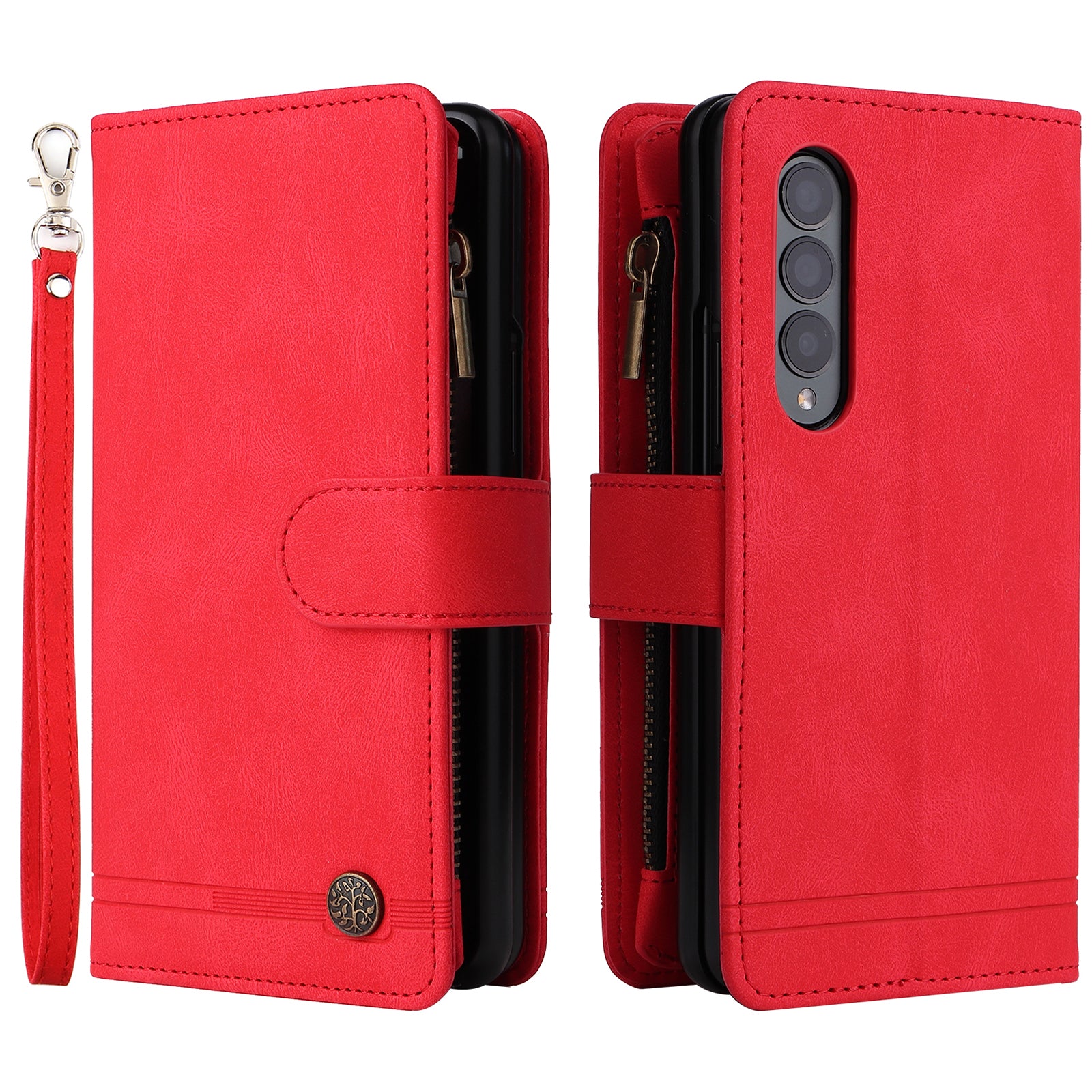 Imprinting Stripes Skin-touch PU Leather Cover Zipper Pocket Multiple Card Slots Phone Case with Stand for Samsung Galaxy Z Fold3 5G