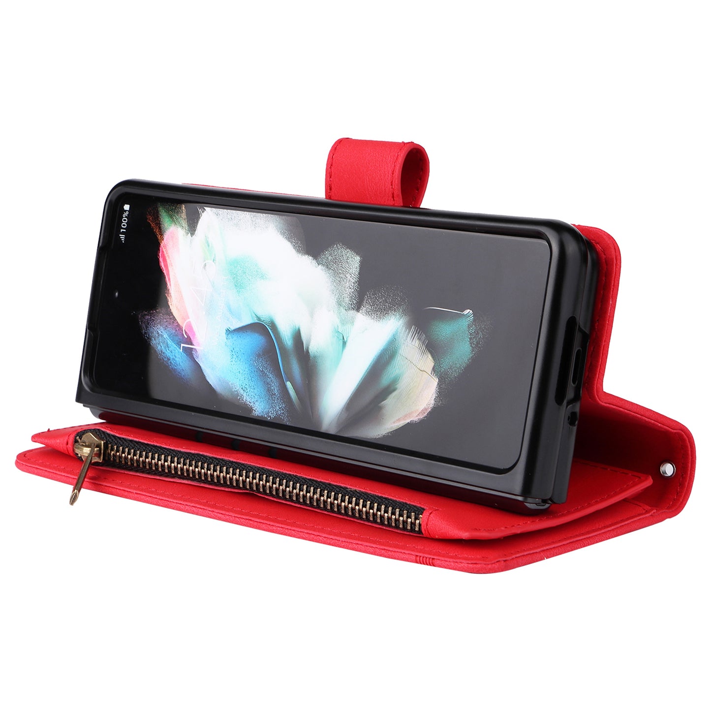 Imprinting Stripes Skin-touch PU Leather Cover Zipper Pocket Multiple Card Slots Phone Case with Stand for Samsung Galaxy Z Fold3 5G