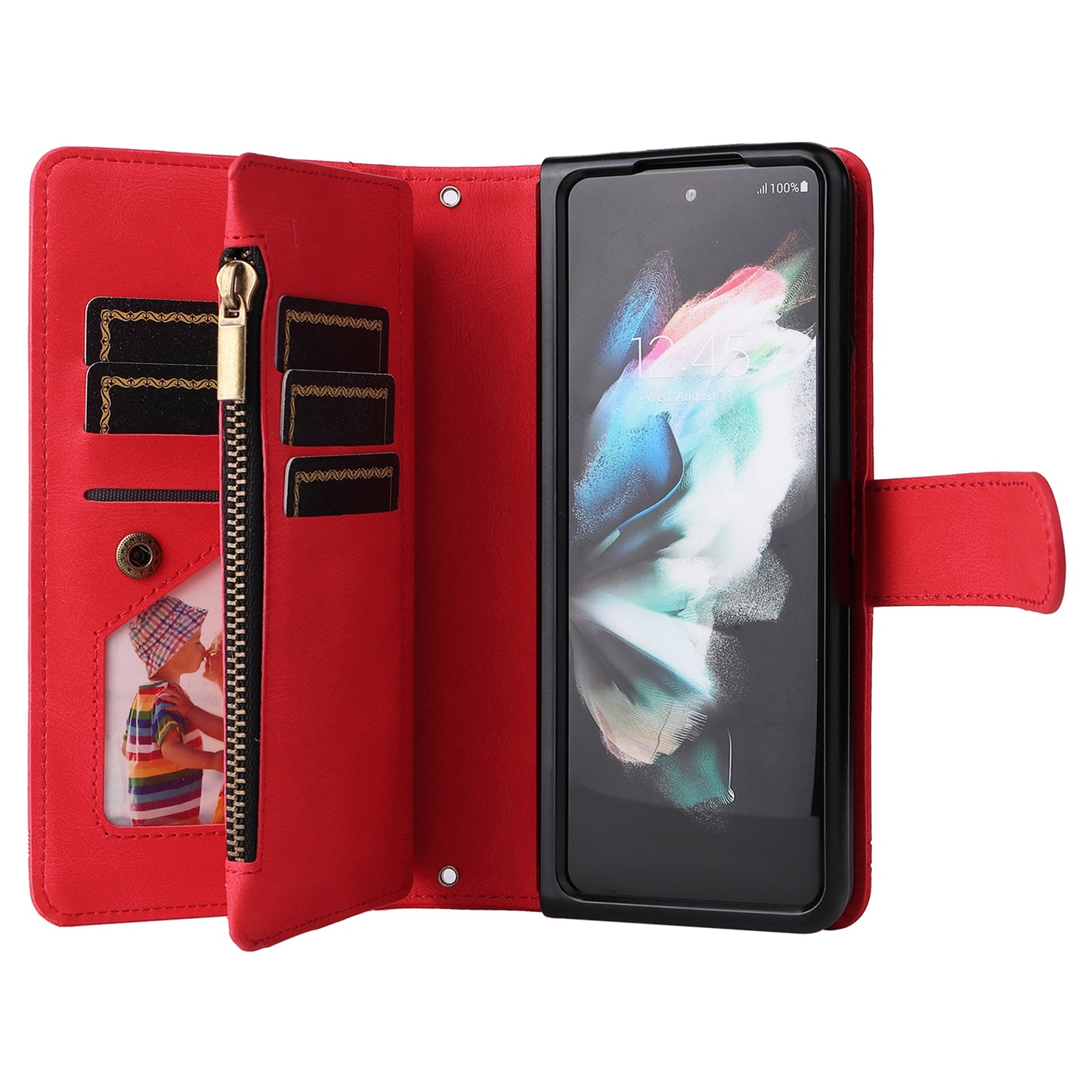 Imprinting Stripes Skin-touch PU Leather Cover Zipper Pocket Multiple Card Slots Phone Case with Stand for Samsung Galaxy Z Fold3 5G