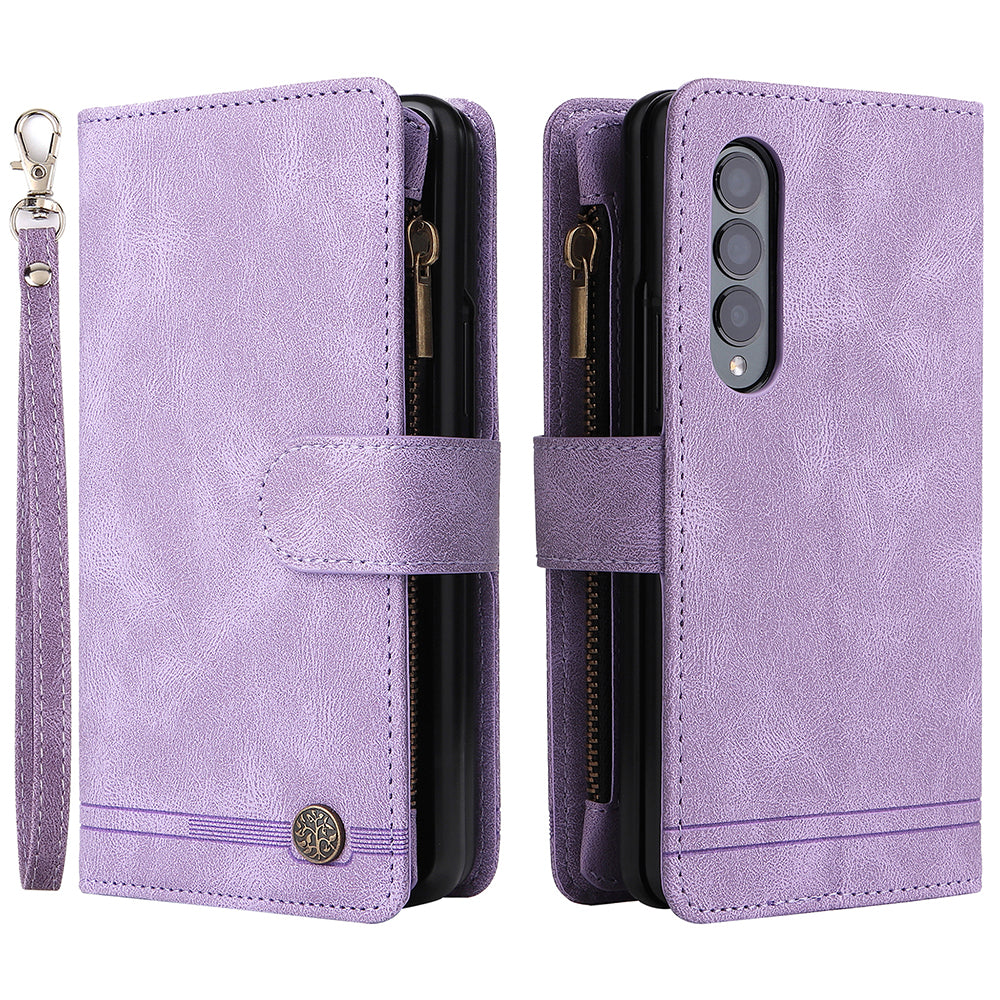 Imprinting Stripes Skin-touch PU Leather Cover Zipper Pocket Multiple Card Slots Phone Case with Stand for Samsung Galaxy Z Fold3 5G
