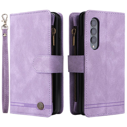 Imprinting Stripes Skin-touch PU Leather Cover Zipper Pocket Multiple Card Slots Phone Case with Stand for Samsung Galaxy Z Fold3 5G