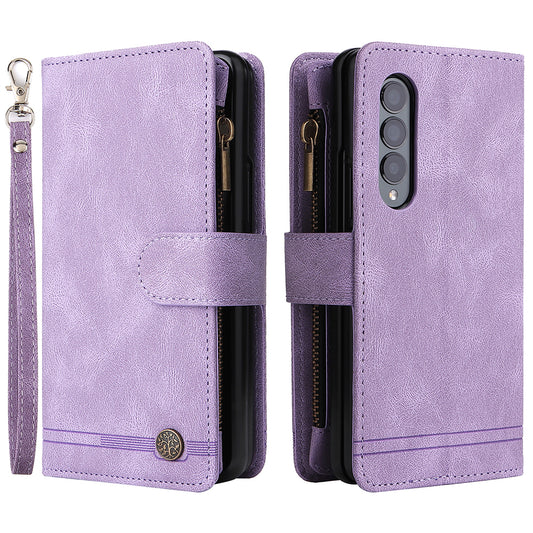Imprinting Stripes Skin-touch PU Leather Cover Zipper Pocket Multiple Card Slots Phone Case with Stand for Samsung Galaxy Z Fold3 5G