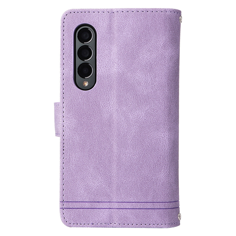 Imprinting Stripes Skin-touch PU Leather Cover Zipper Pocket Multiple Card Slots Phone Case with Stand for Samsung Galaxy Z Fold3 5G