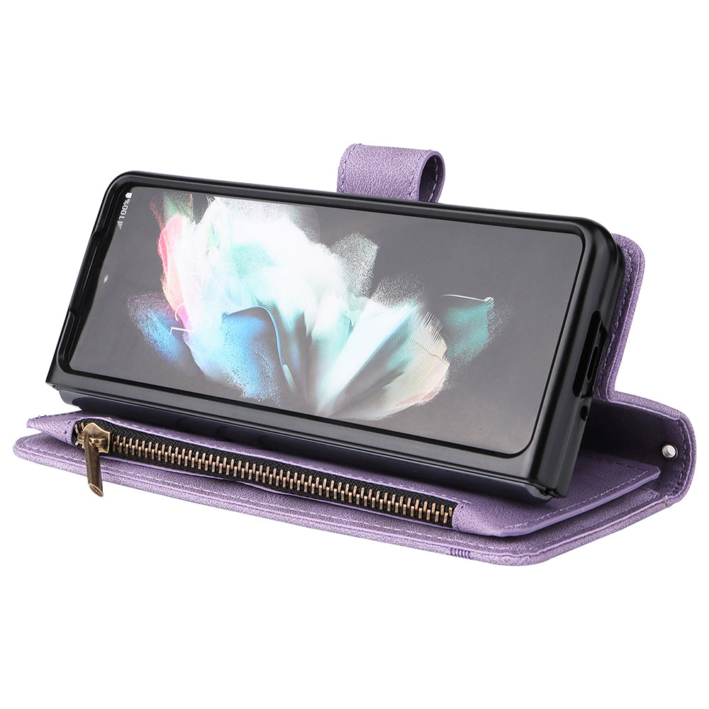 Imprinting Stripes Skin-touch PU Leather Cover Zipper Pocket Multiple Card Slots Phone Case with Stand for Samsung Galaxy Z Fold3 5G