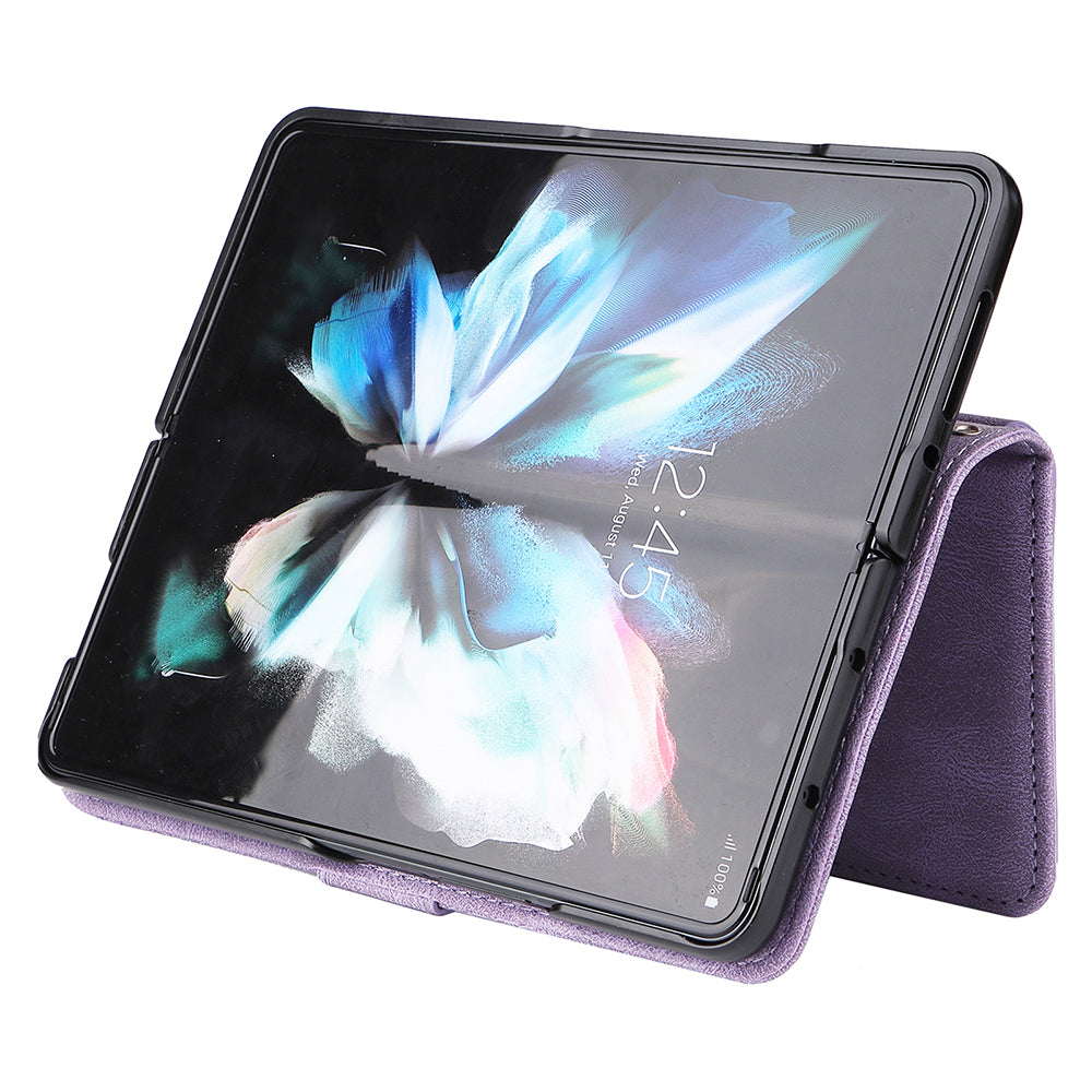 Imprinting Stripes Skin-touch PU Leather Cover Zipper Pocket Multiple Card Slots Phone Case with Stand for Samsung Galaxy Z Fold3 5G