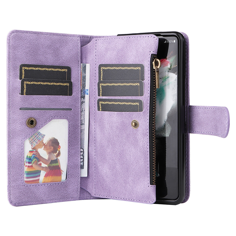Imprinting Stripes Skin-touch PU Leather Cover Zipper Pocket Multiple Card Slots Phone Case with Stand for Samsung Galaxy Z Fold3 5G