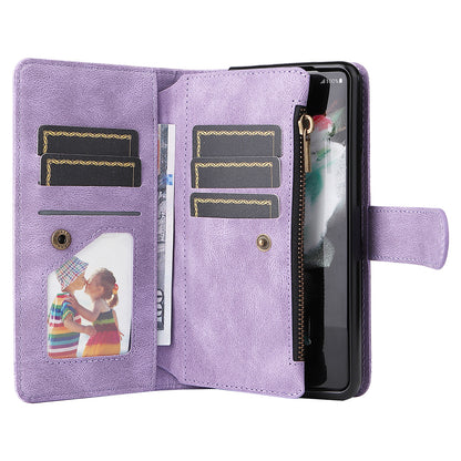 Imprinting Stripes Skin-touch PU Leather Cover Zipper Pocket Multiple Card Slots Phone Case with Stand for Samsung Galaxy Z Fold3 5G