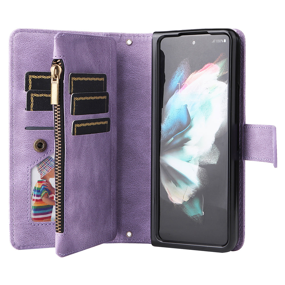Imprinting Stripes Skin-touch PU Leather Cover Zipper Pocket Multiple Card Slots Phone Case with Stand for Samsung Galaxy Z Fold3 5G