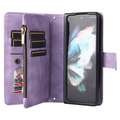 Imprinting Stripes Skin-touch PU Leather Cover Zipper Pocket Multiple Card Slots Phone Case with Stand for Samsung Galaxy Z Fold3 5G