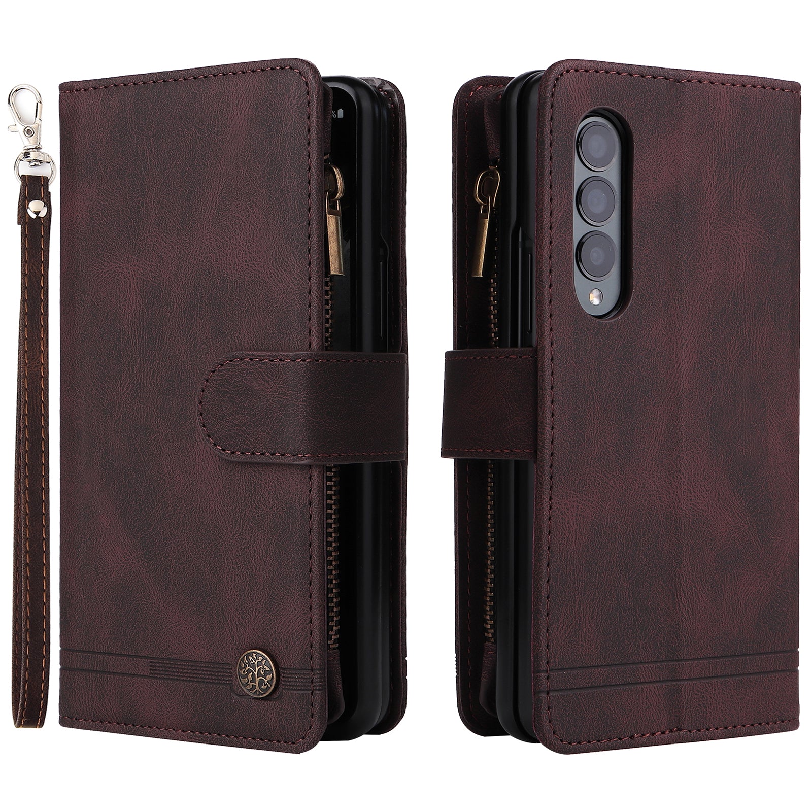 Imprinting Stripes Skin-touch PU Leather Cover Zipper Pocket Multiple Card Slots Phone Case with Stand for Samsung Galaxy Z Fold3 5G
