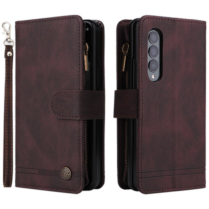 Imprinting Stripes Skin-touch PU Leather Cover Zipper Pocket Multiple Card Slots Phone Case with Stand for Samsung Galaxy Z Fold3 5G
