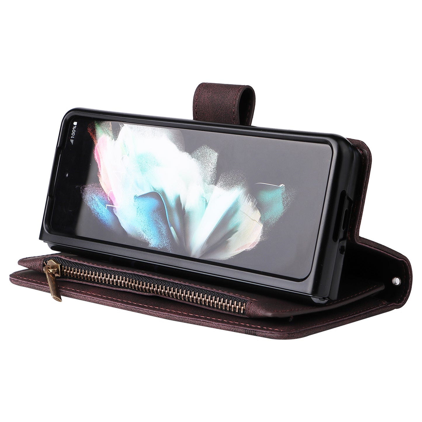 Imprinting Stripes Skin-touch PU Leather Cover Zipper Pocket Multiple Card Slots Phone Case with Stand for Samsung Galaxy Z Fold3 5G