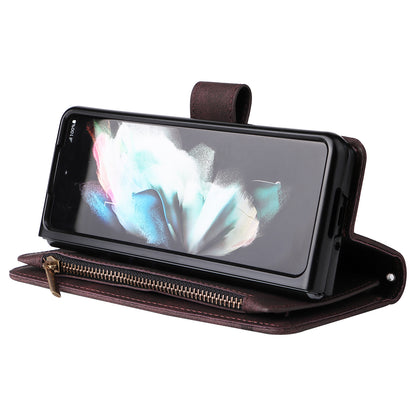 Imprinting Stripes Skin-touch PU Leather Cover Zipper Pocket Multiple Card Slots Phone Case with Stand for Samsung Galaxy Z Fold3 5G