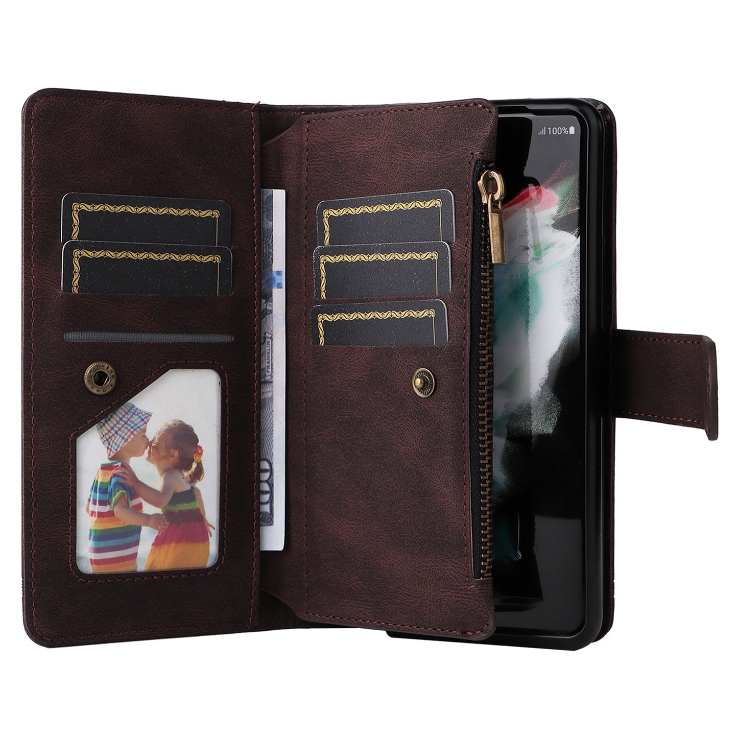 Imprinting Stripes Skin-touch PU Leather Cover Zipper Pocket Multiple Card Slots Phone Case with Stand for Samsung Galaxy Z Fold3 5G