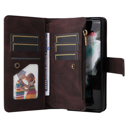 Imprinting Stripes Skin-touch PU Leather Cover Zipper Pocket Multiple Card Slots Phone Case with Stand for Samsung Galaxy Z Fold3 5G