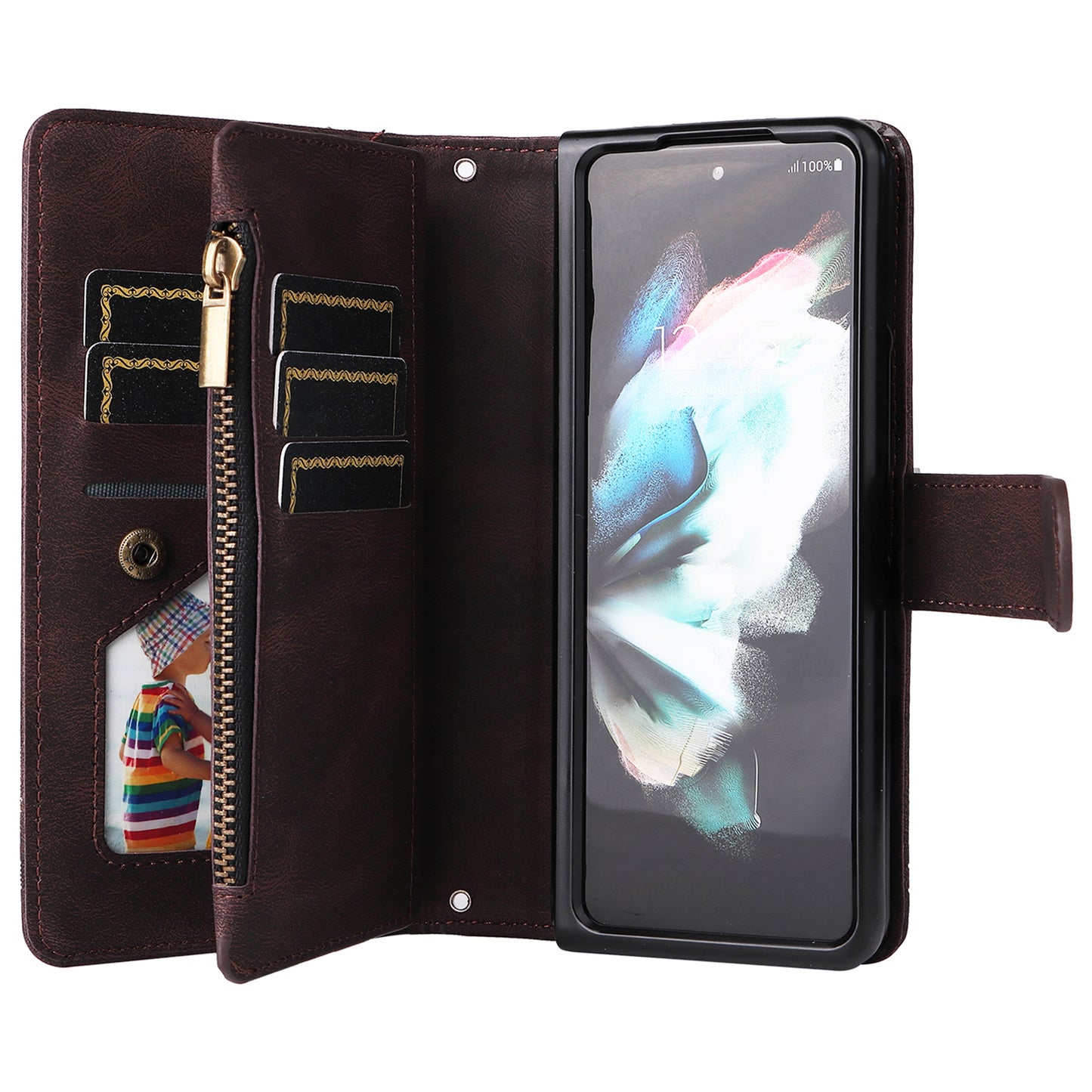 Imprinting Stripes Skin-touch PU Leather Cover Zipper Pocket Multiple Card Slots Phone Case with Stand for Samsung Galaxy Z Fold3 5G