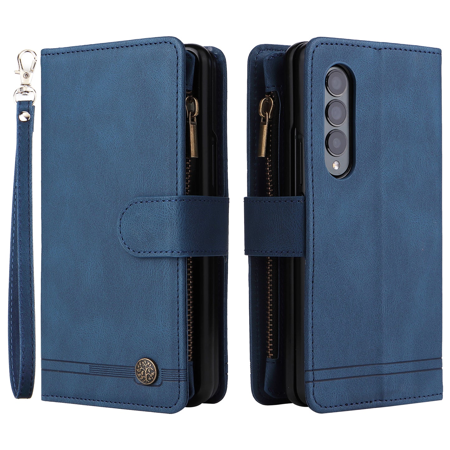 Imprinting Stripes Skin-touch PU Leather Cover Zipper Pocket Multiple Card Slots Phone Case with Stand for Samsung Galaxy Z Fold3 5G
