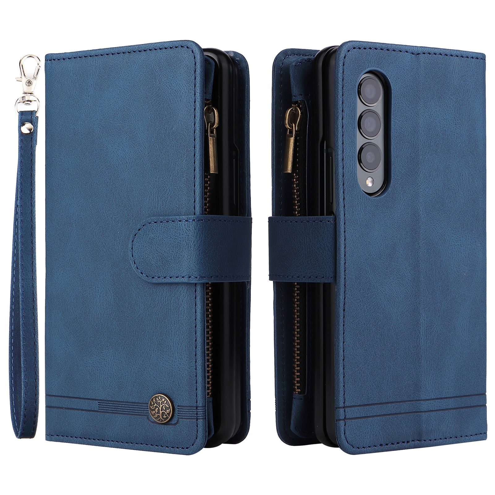 Imprinting Stripes Skin-touch PU Leather Cover Zipper Pocket Multiple Card Slots Phone Case with Stand for Samsung Galaxy Z Fold3 5G