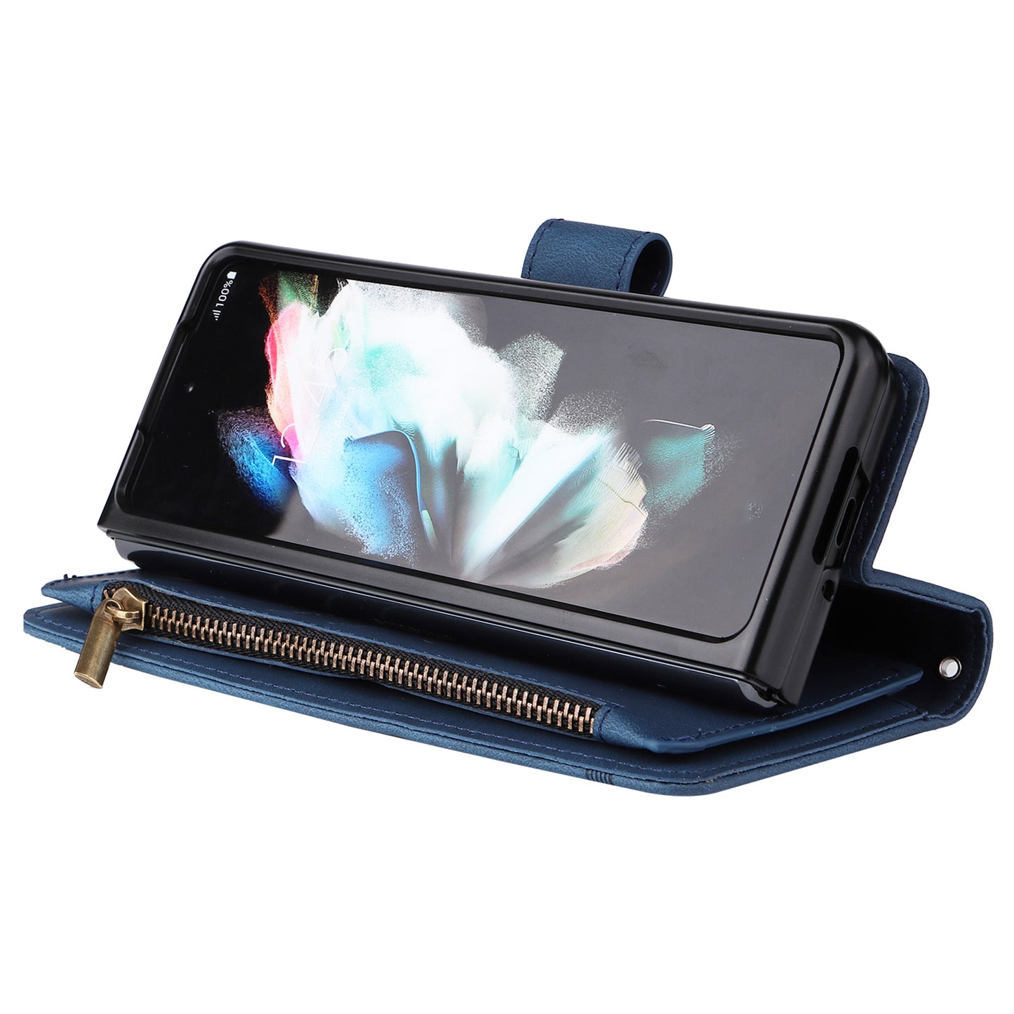 Imprinting Stripes Skin-touch PU Leather Cover Zipper Pocket Multiple Card Slots Phone Case with Stand for Samsung Galaxy Z Fold3 5G