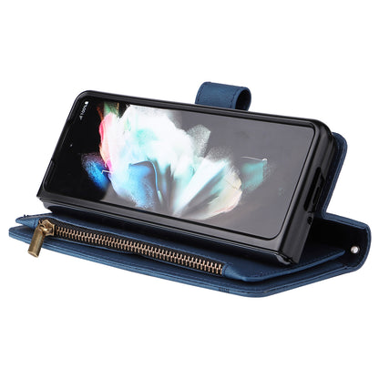 Imprinting Stripes Skin-touch PU Leather Cover Zipper Pocket Multiple Card Slots Phone Case with Stand for Samsung Galaxy Z Fold3 5G