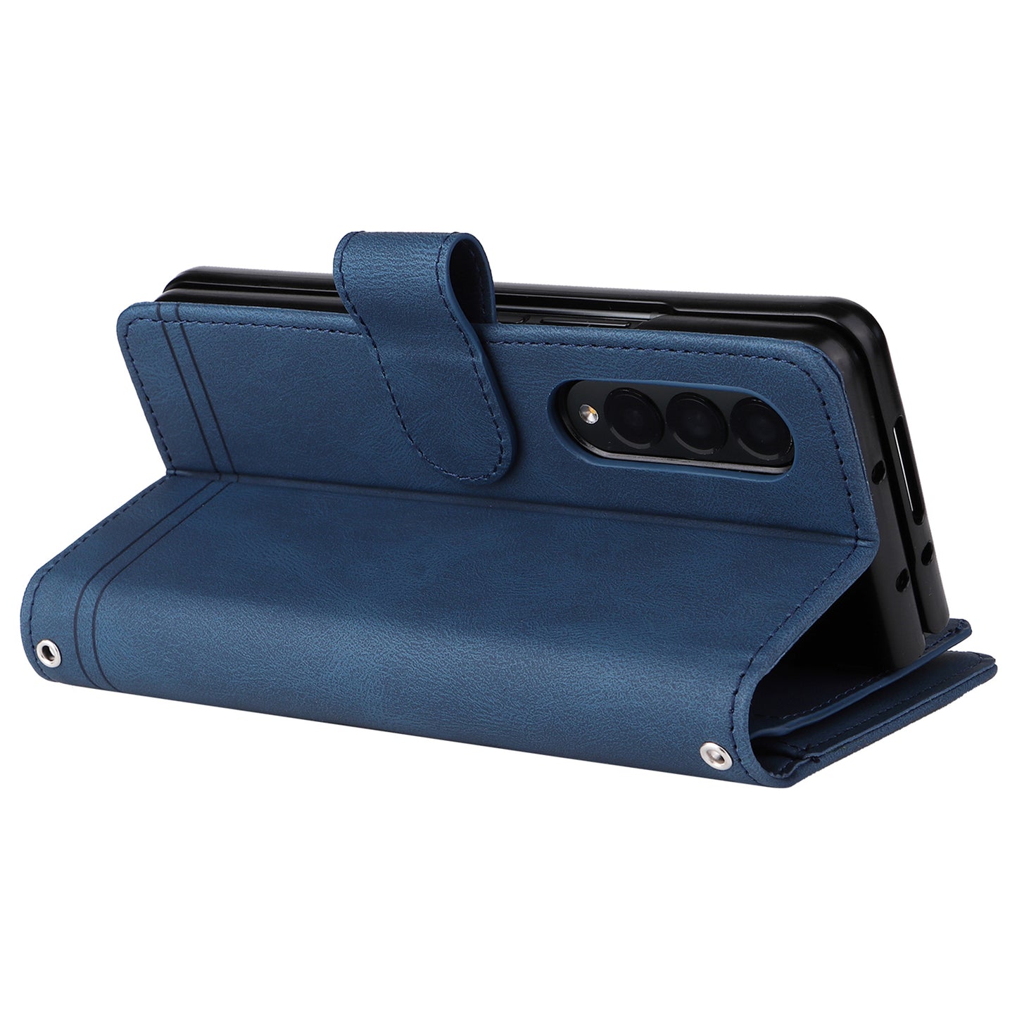 Imprinting Stripes Skin-touch PU Leather Cover Zipper Pocket Multiple Card Slots Phone Case with Stand for Samsung Galaxy Z Fold3 5G
