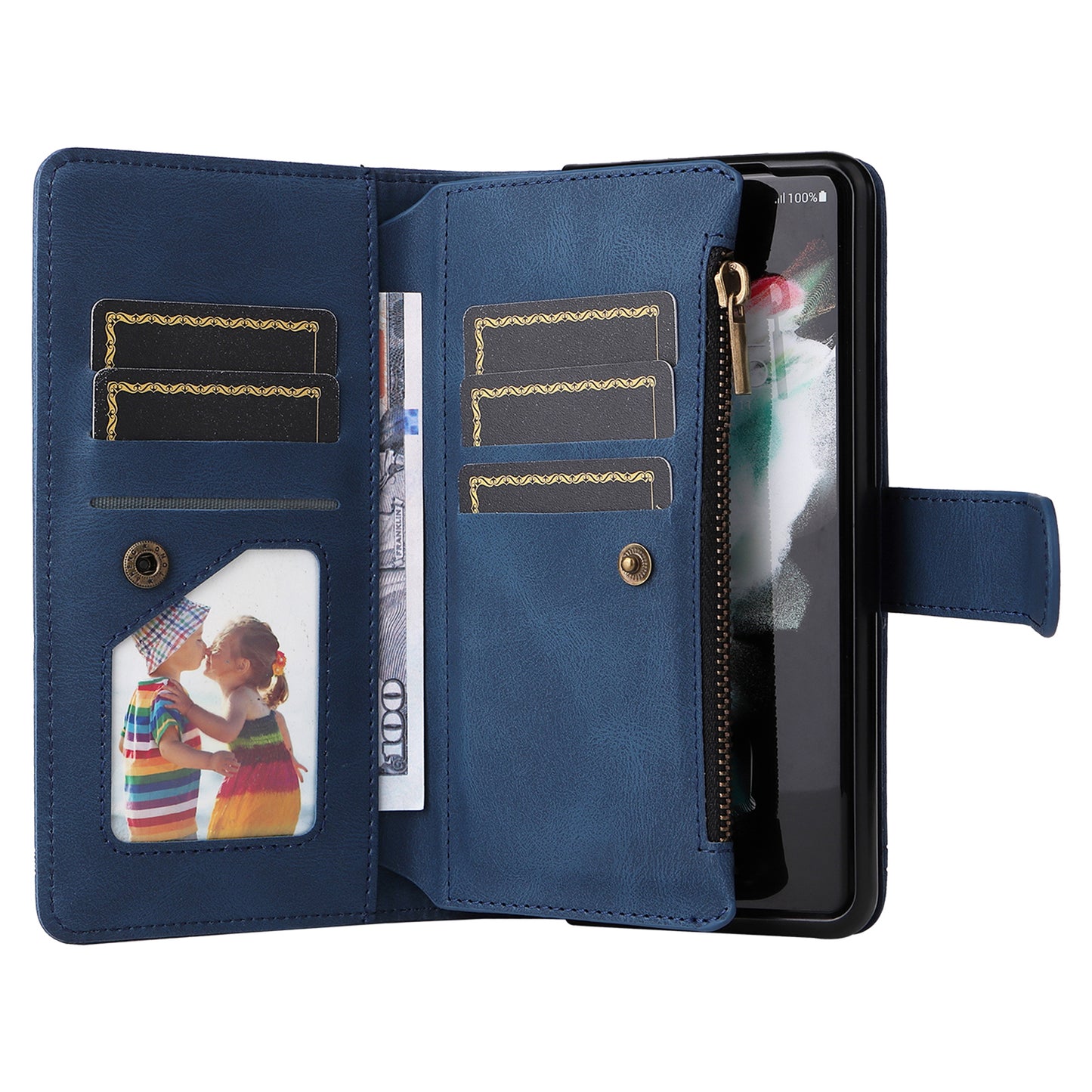 Imprinting Stripes Skin-touch PU Leather Cover Zipper Pocket Multiple Card Slots Phone Case with Stand for Samsung Galaxy Z Fold3 5G