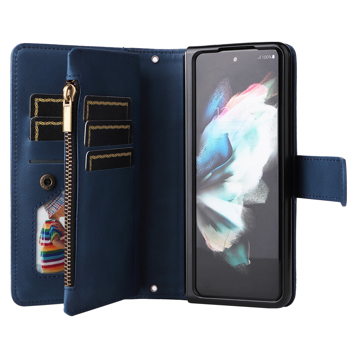 Imprinting Stripes Skin-touch PU Leather Cover Zipper Pocket Multiple Card Slots Phone Case with Stand for Samsung Galaxy Z Fold3 5G
