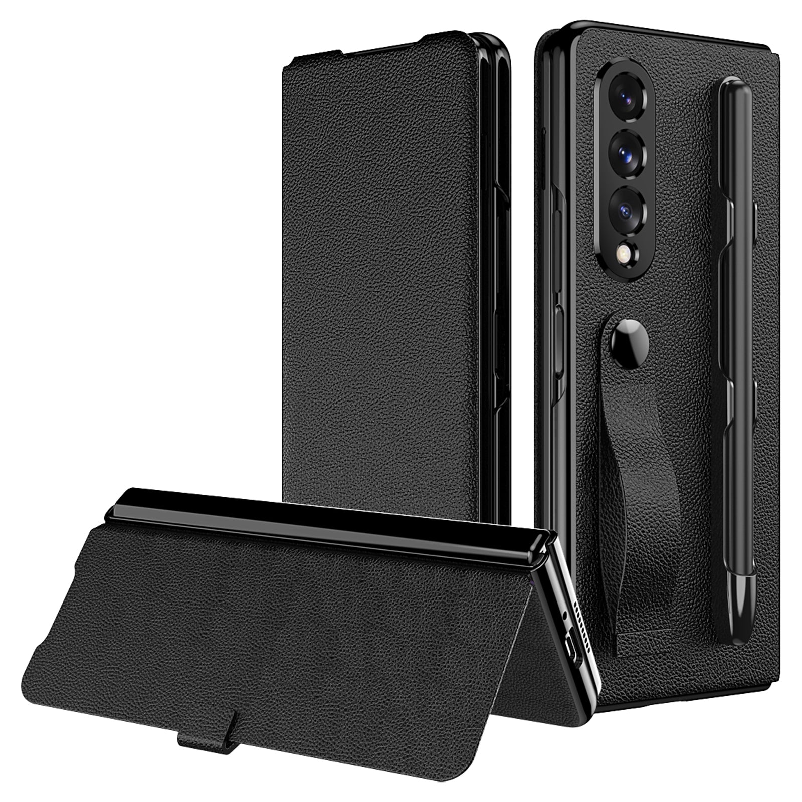 Litchi Texture PU Leather + PC Case Hand Band Stand Design Automatic Magnetic Cover with Pen Slot for Samsung Galaxy Z Fold3 5G