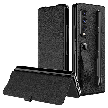 Litchi Texture PU Leather + PC Case Hand Band Stand Design Automatic Magnetic Cover with Pen Slot for Samsung Galaxy Z Fold3 5G