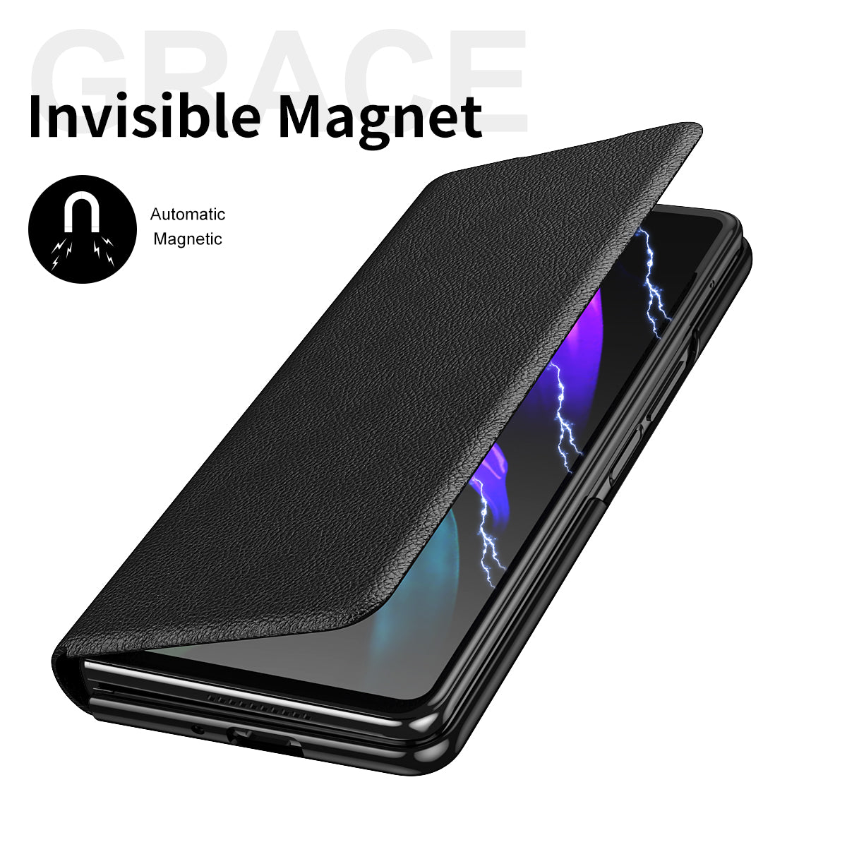 Litchi Texture PU Leather + PC Case Hand Band Stand Design Automatic Magnetic Cover with Pen Slot for Samsung Galaxy Z Fold3 5G