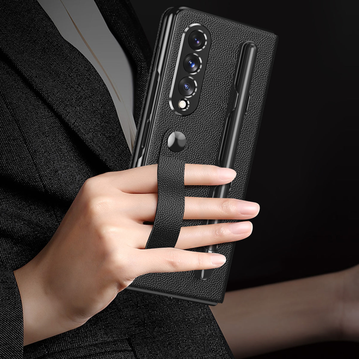 Litchi Texture PU Leather + PC Case Hand Band Stand Design Automatic Magnetic Cover with Pen Slot for Samsung Galaxy Z Fold3 5G