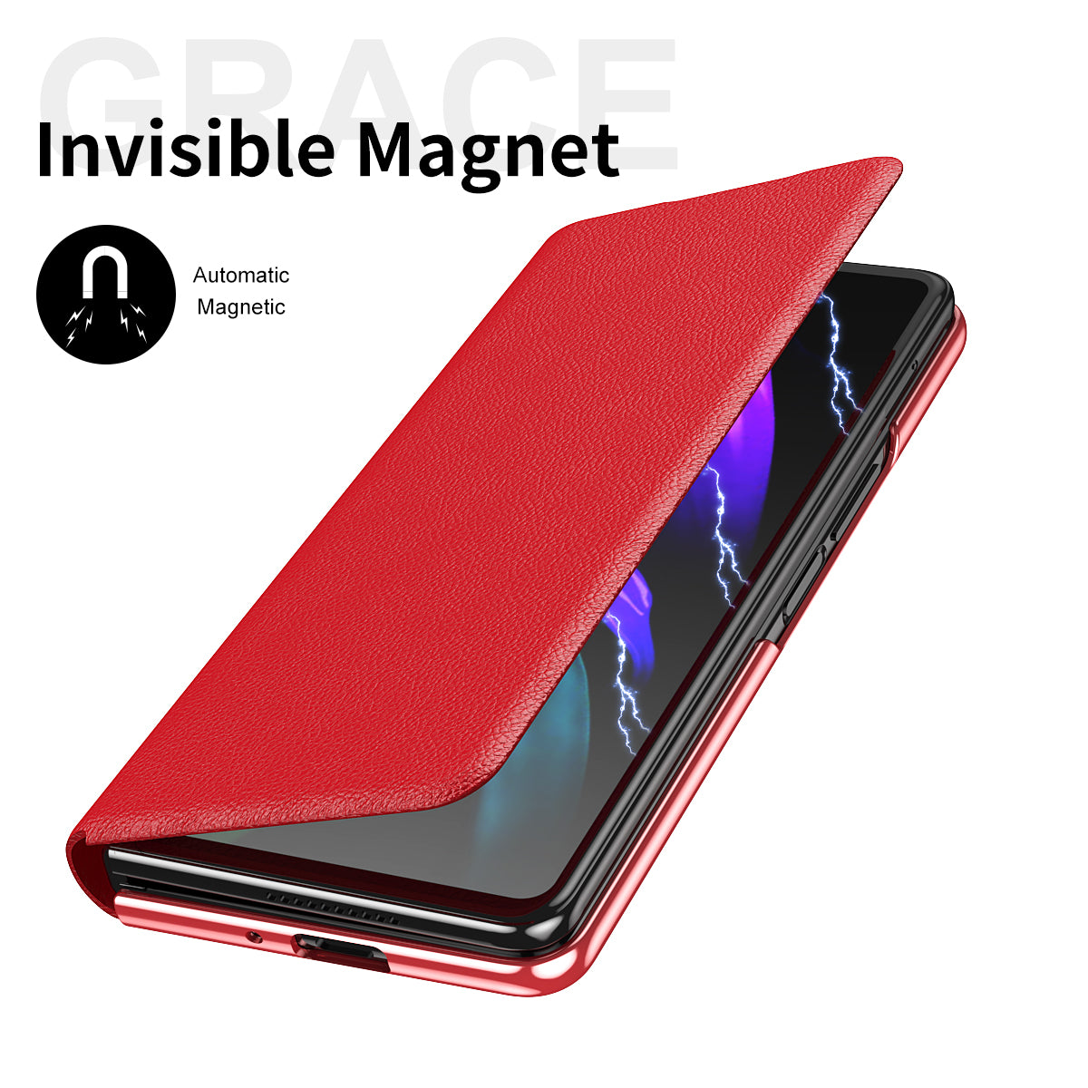 Litchi Texture PU Leather + PC Case Hand Band Stand Design Automatic Magnetic Cover with Pen Slot for Samsung Galaxy Z Fold3 5G