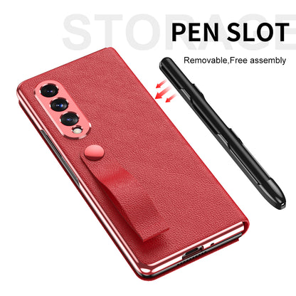 Litchi Texture PU Leather + PC Case Hand Band Stand Design Automatic Magnetic Cover with Pen Slot for Samsung Galaxy Z Fold3 5G
