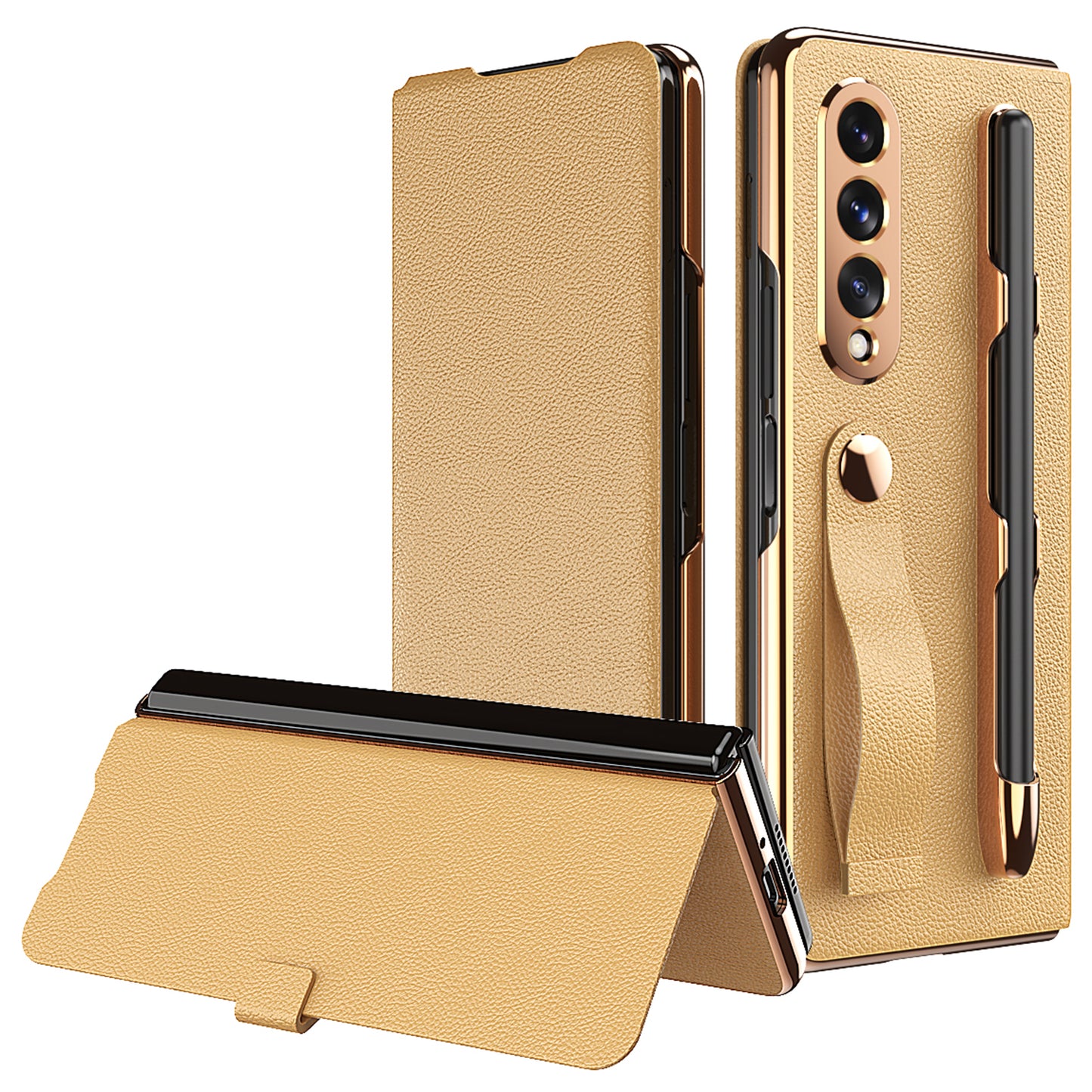 Litchi Texture PU Leather + PC Case Hand Band Stand Design Automatic Magnetic Cover with Pen Slot for Samsung Galaxy Z Fold3 5G