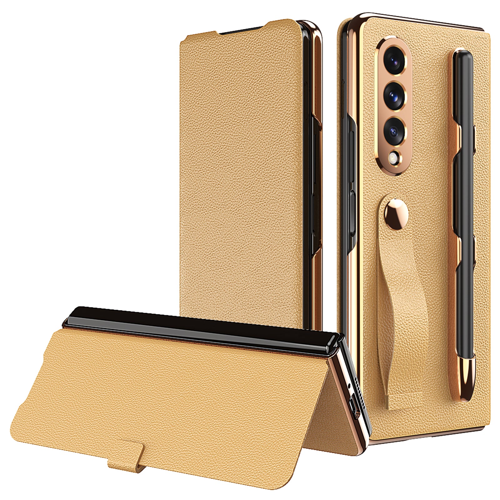 Litchi Texture PU Leather + PC Case Hand Band Stand Design Automatic Magnetic Cover with Pen Slot for Samsung Galaxy Z Fold3 5G